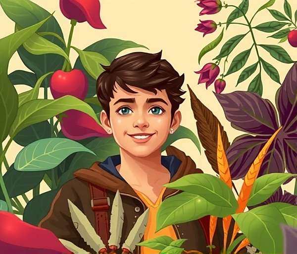 Krish the Gardener, a young man surrounded by exotic plants and spices
