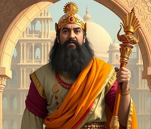 Maharaja Arjun, a wise ruler with royal attire and a cumin scepter