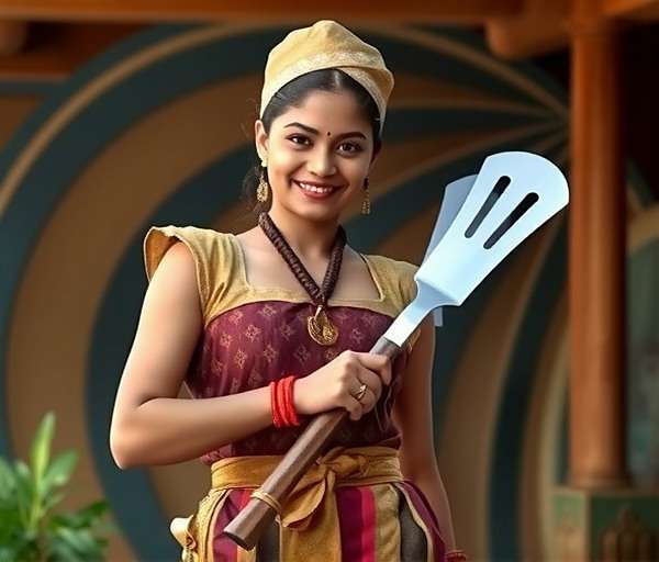 Chef Priya, a warrior chef with traditional South Indian cooking utensils as weapons