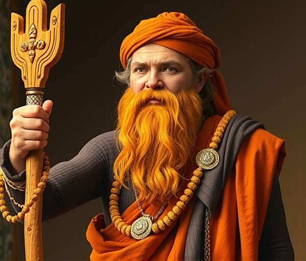 Baba Turmeric, a wise sage with a long beard holding a turmeric staff